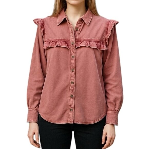 Free People Tops - Free People Women's Top Button Front Pink Denim Ruffle Long Sleeve Size Small